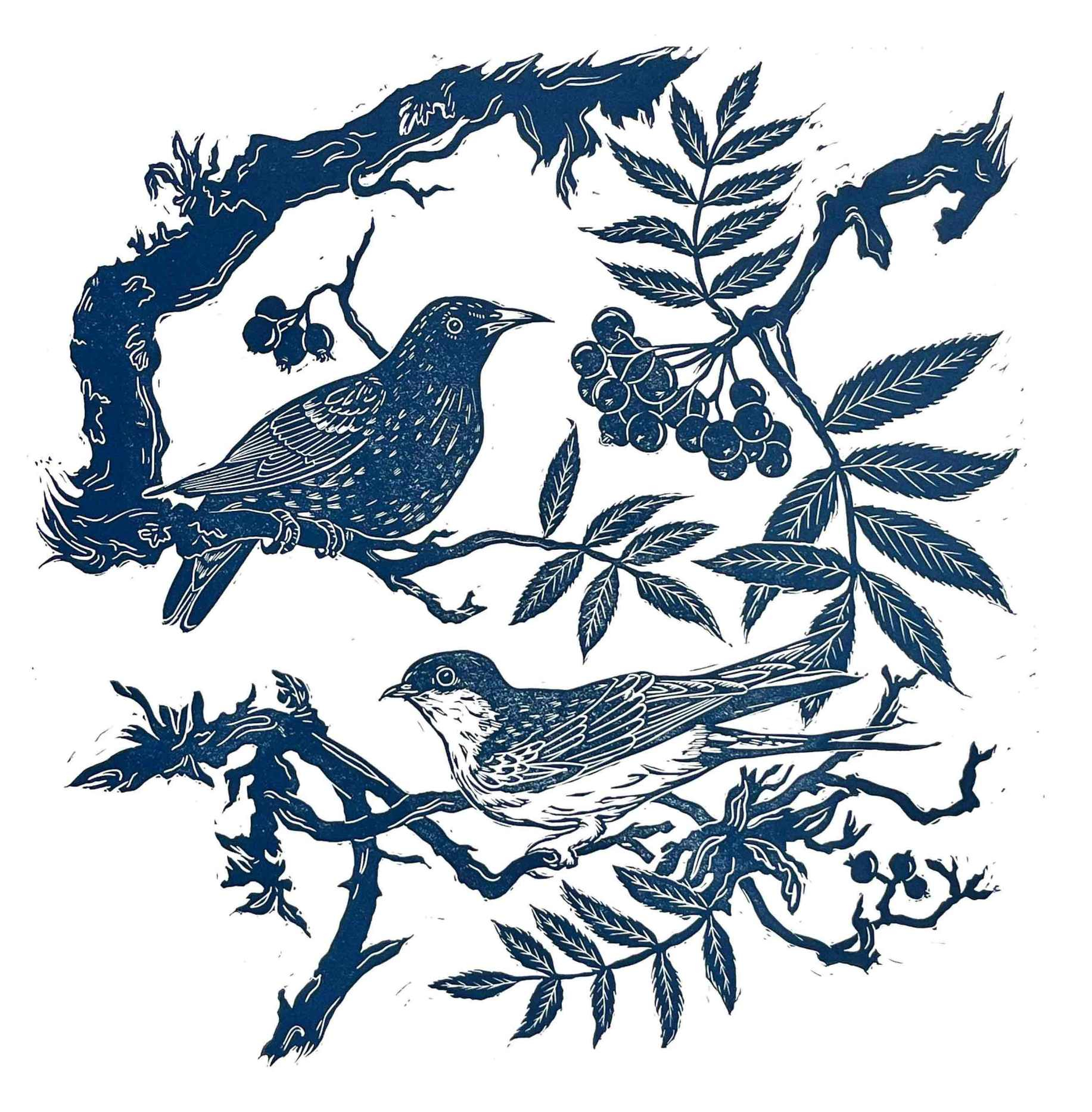 Two birds perched on branches surrounded by leaves and berry clusters, illustrated in a blue linocut style on a white background.