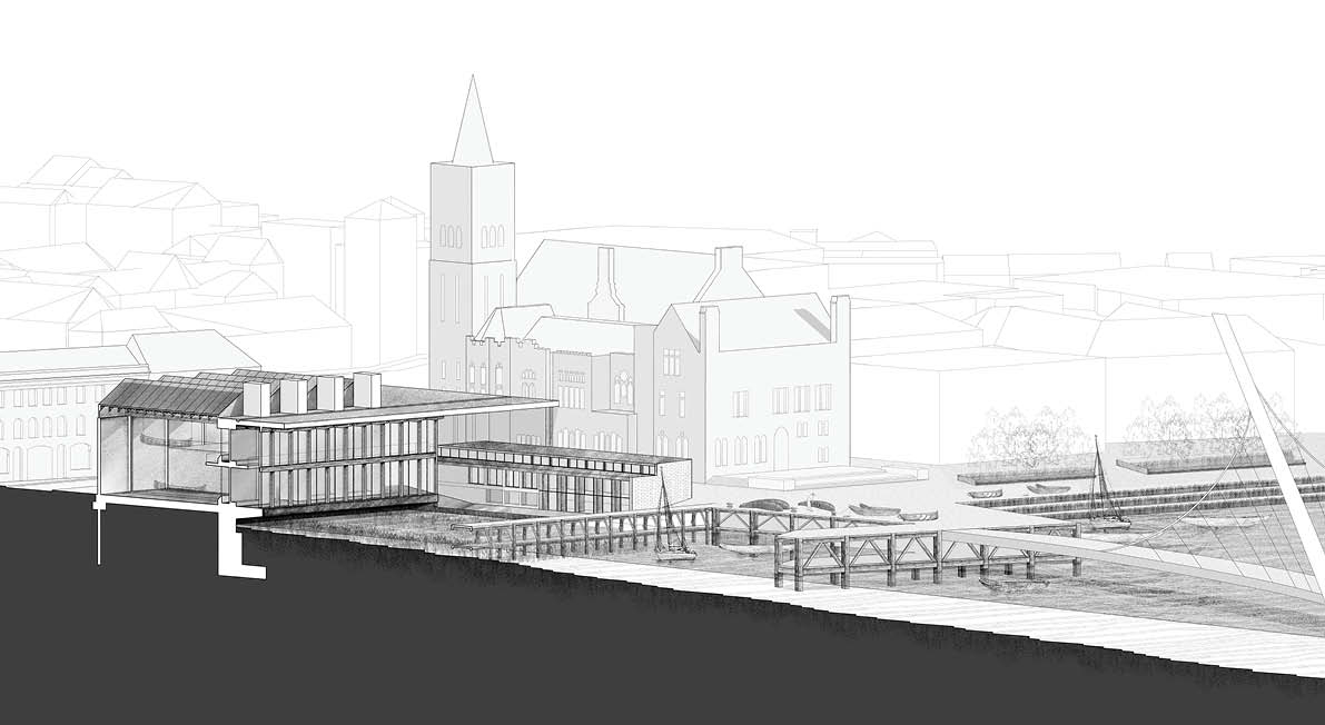 Perspective section from the exhibition hall to river