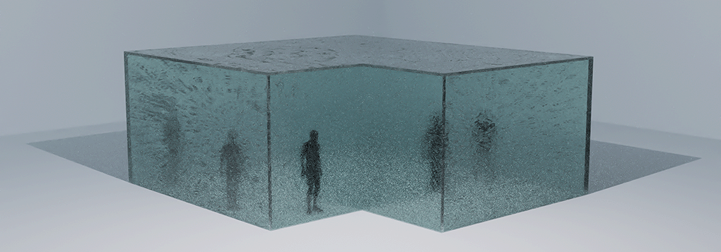 L-shaped frosted glass structure with human silhouettes visible behind the panels, creating a sense of distance and obscured presence.