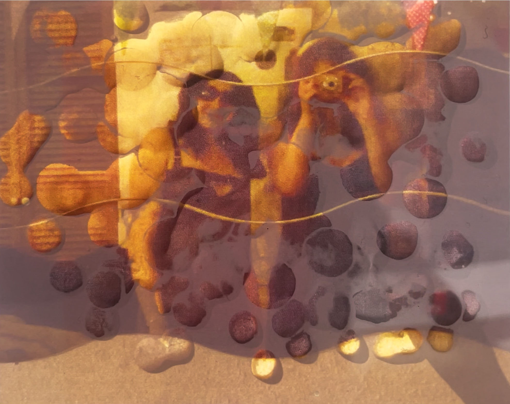 Two people taking a photo in a mirror. Image is layered with wax droplets.