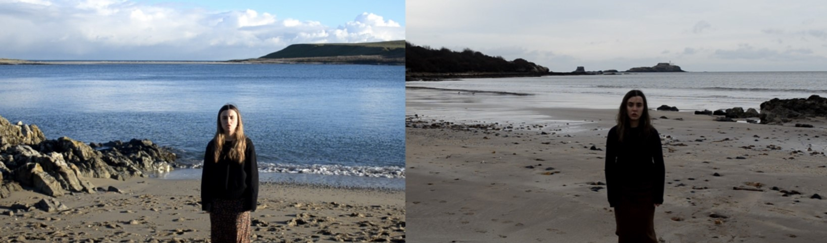 A split screen or Ireland and Scotland by the water with twins standing infront of the water.