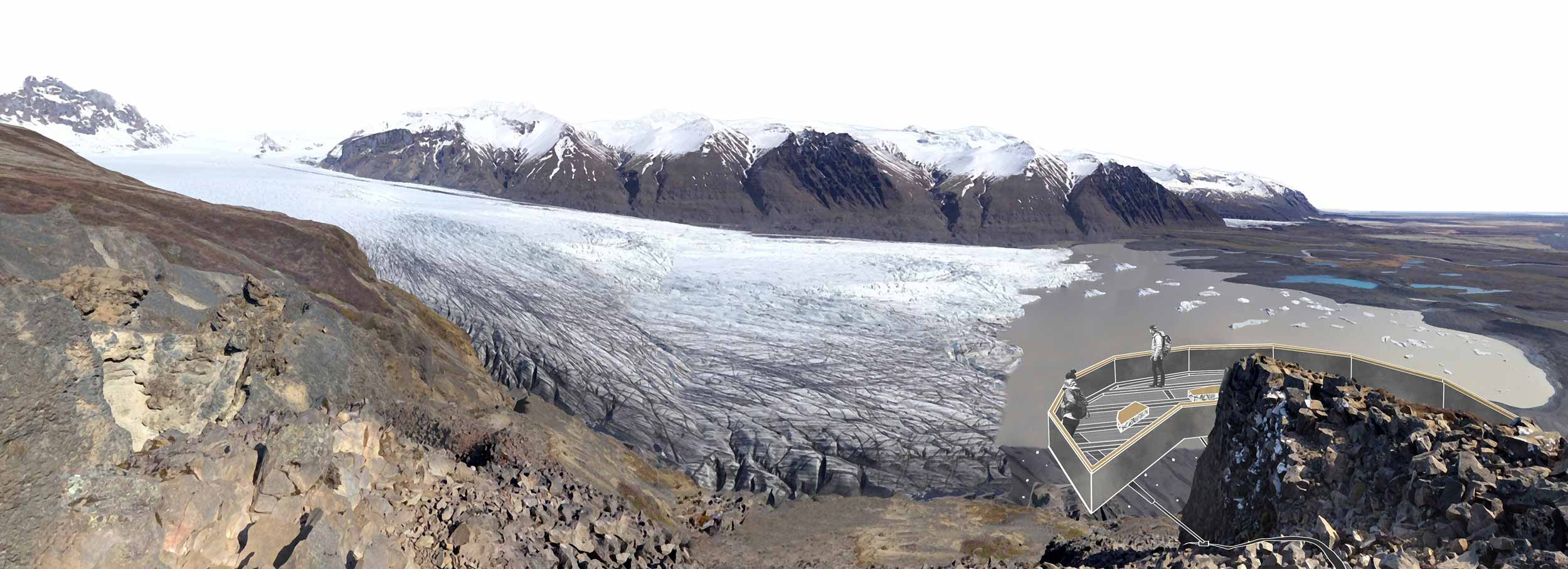 2030 Visualisation of the outlook looking down on the glacier, some painted erratics can be seen.