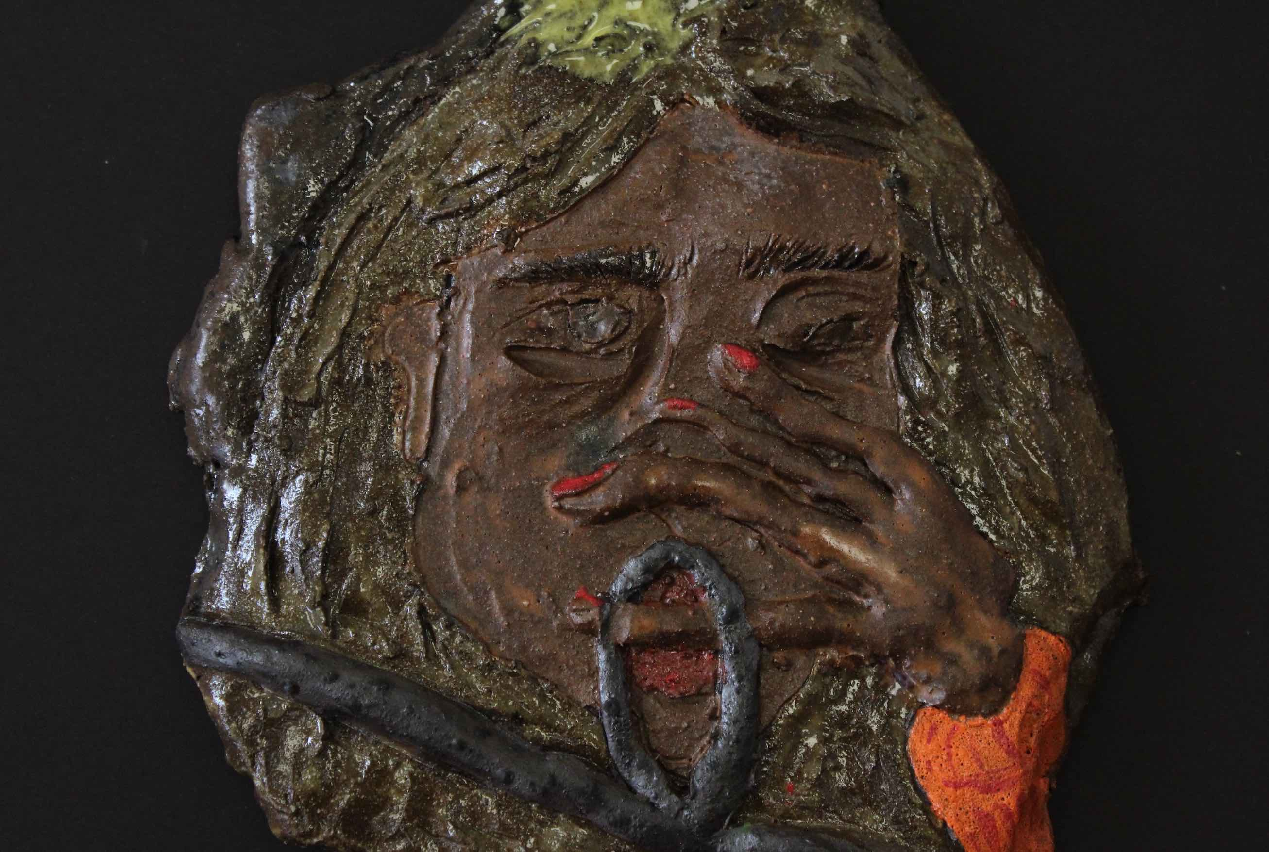 Cave Painting 4: Lead Us Not Into Temptation, Red Grogged Clay with Ceramic Glaze, 16x18cm, 2024