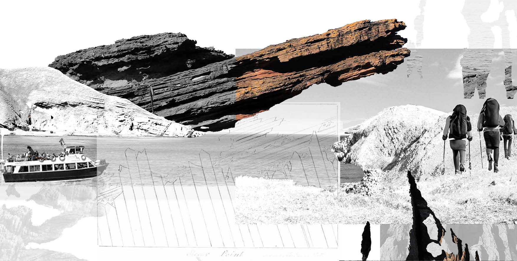 Layered collage of Siccar Point featuring exposed angular unconformity rock formations, a tourist boat, hikers, geological sketches, and abstract textures. The composition contrasts black-and-white photography with selective colour, emphasising the site's geological and experiential significance